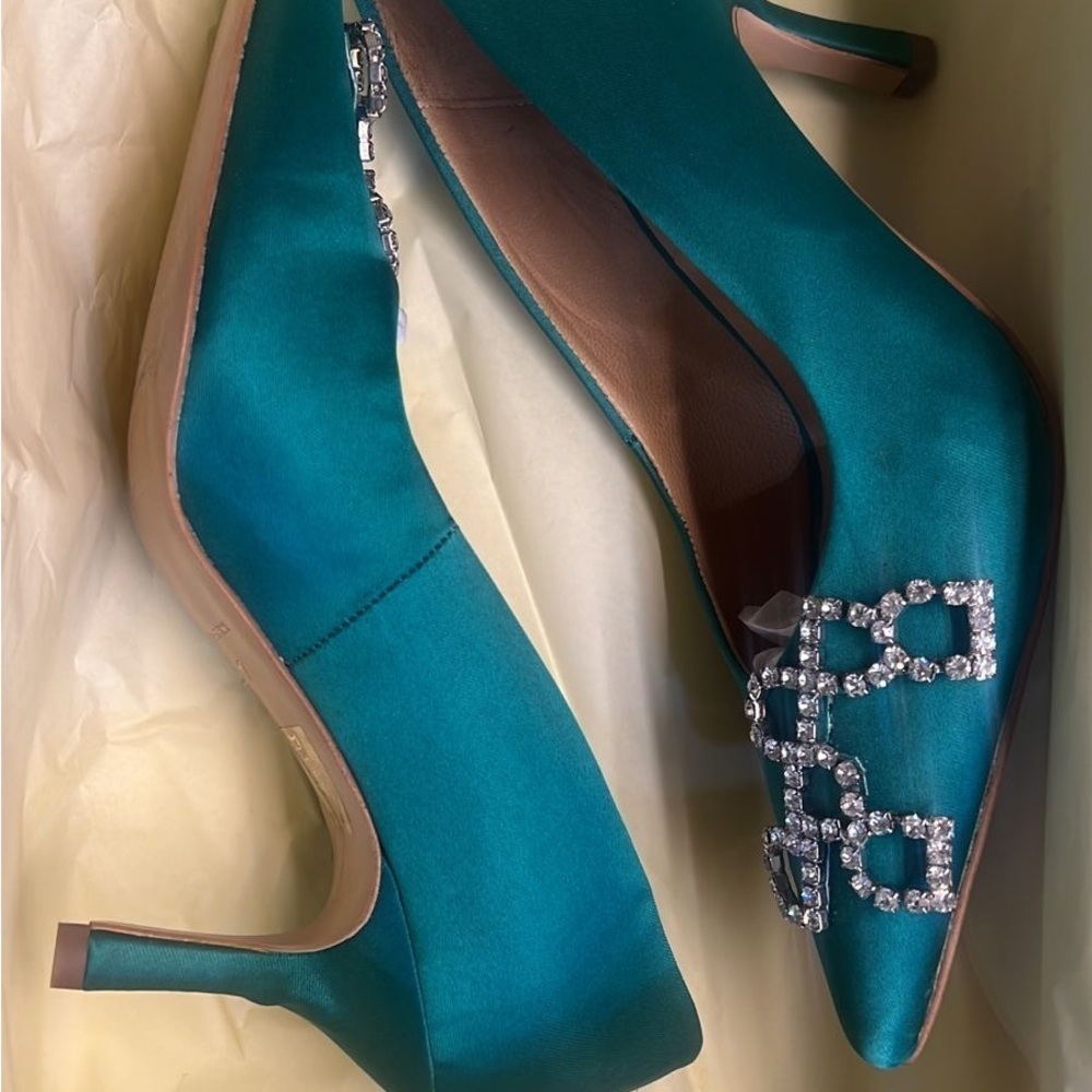 Day Birger et Mikkelsen Elegant Teal Satin Heels with Crystal Embellishments - Picture 5 of 11